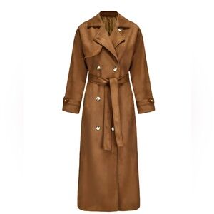 Faux Suede Double-Breasted Trench Coat